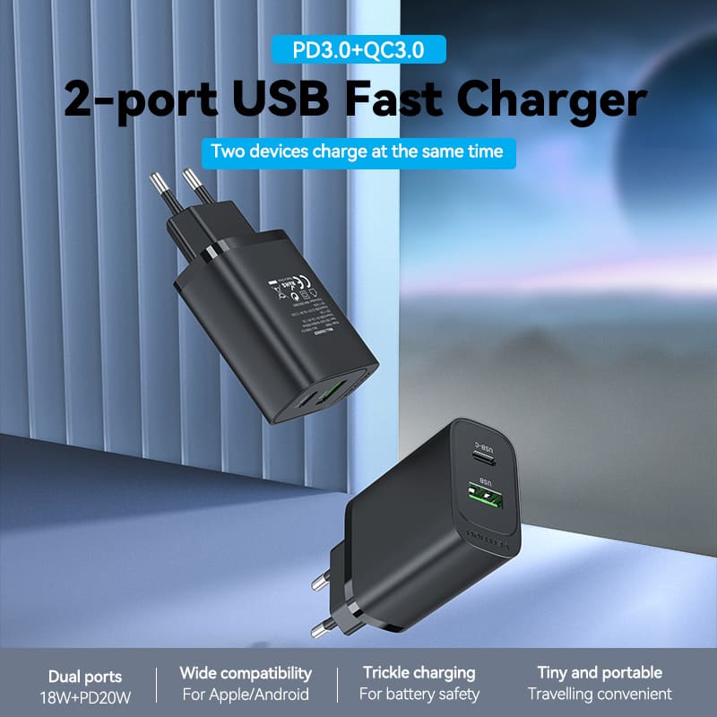 2-порт USB (A+C) стеновое зарядное устройство (18 Вт+20 Вт) Eu-Plug Black