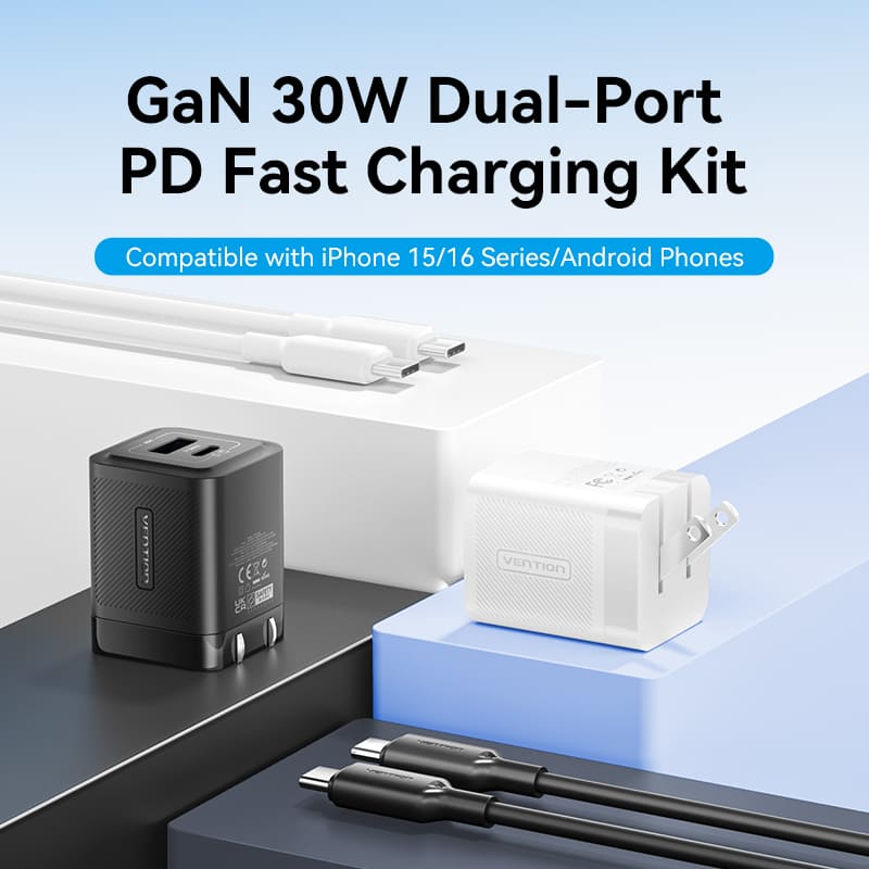 2-Port USB (C + A) GaN Charger (30W/30W) with USB-C to USB-C Cable (1M) US-Plug Black