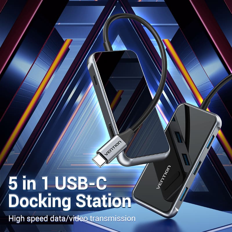 Multi-function USB-C to HDMI/ USB3.0*3/PD Docking Station 0.15M Gray Mirrored Surface Type