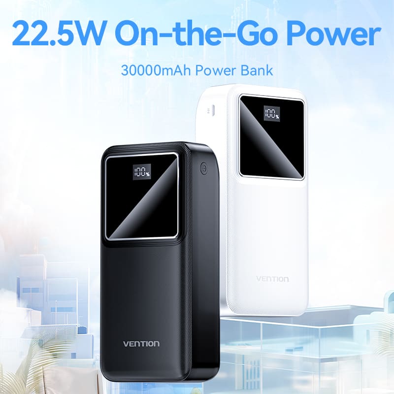 30000mAh Power Bank (Micro-USB + USB-C + USB-A + USB-A) 22.5W White LED Display Type