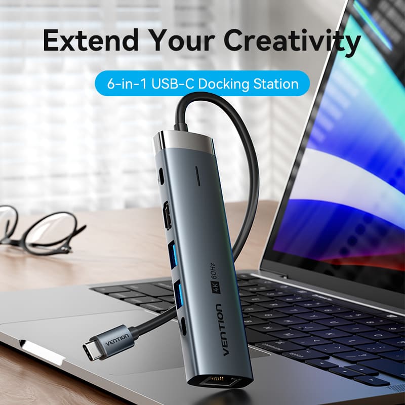 USB-C to HDMI/USB 3.2 Gen 1 Type-C/USB 3.0*2/RJ45/PD Docking Station 0.15M Gray Aluminum Alloy Type