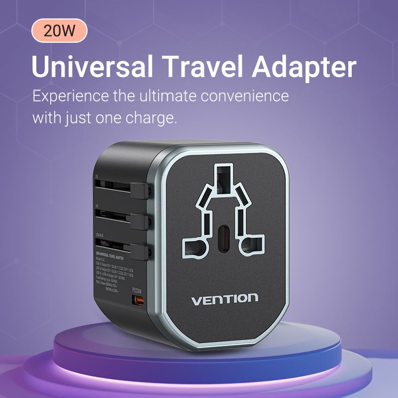 Adaptateur de voyage universel USB (C + A + A) à 3 ports (20 W/18 W/18 W) Noir