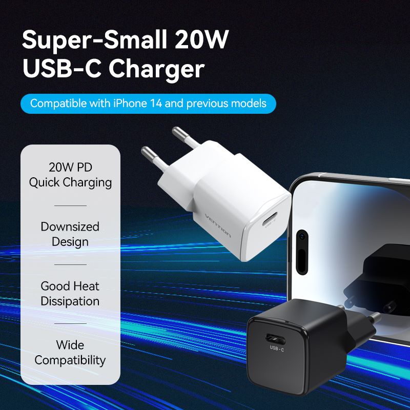 Chargeur mural USB-C 1 port (20 W) prise EU/US blanc/noir