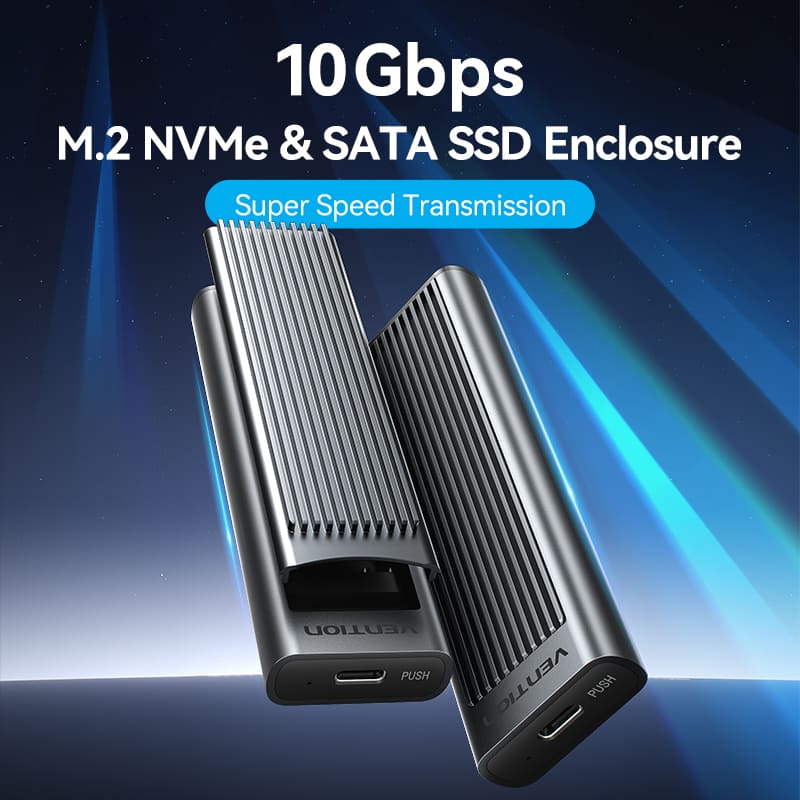 Vention M.2 NVMe & SATA SSD Enclosure (USB 3.2 Gen 2-C) with Heat Sink Gray Aluminum Alloy Type