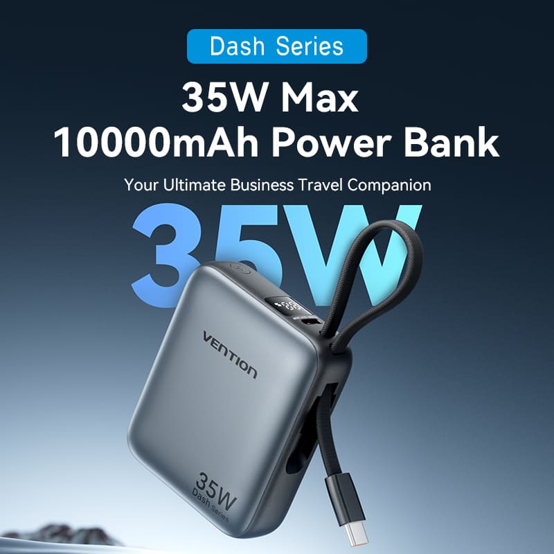 Vention 10000mAh Mini Power Bank (USB-C + USB-C) with Built-in USB-C Cable 35W Gray