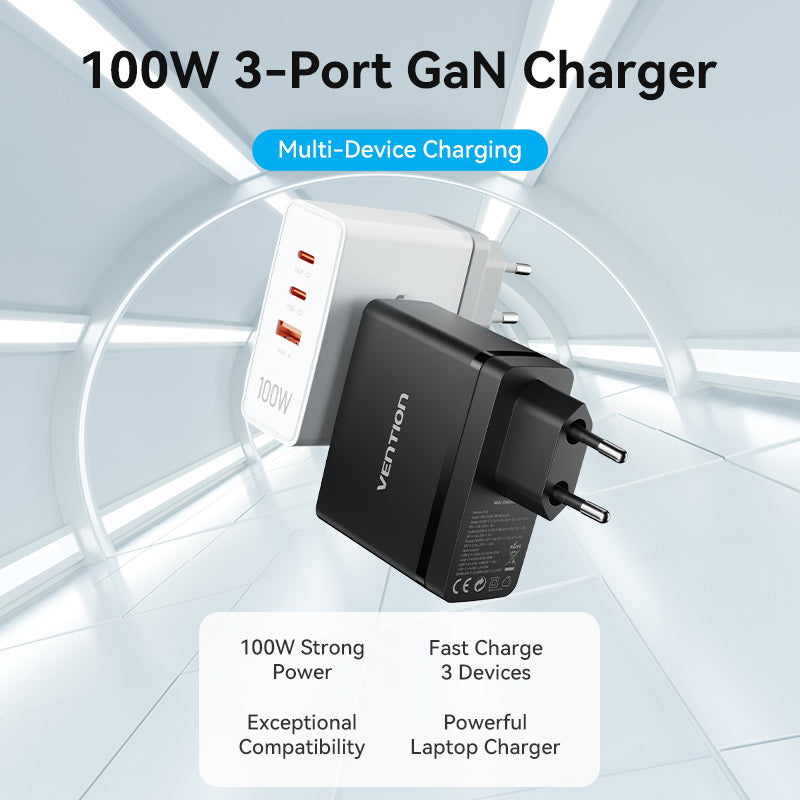 Vention 3-Port USB (C+C+A) GaN Charger (100W/100W/30W) EU-Plug