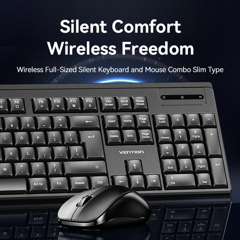 Vention Wireless Full-Sized Silent Keyboard and Mouse Combo Black Slim Type
