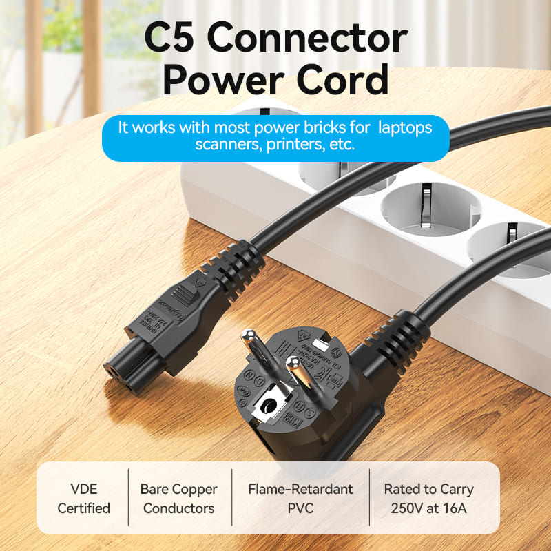 3-Prong Power Cord 1.8M C5 Connector EU Plug