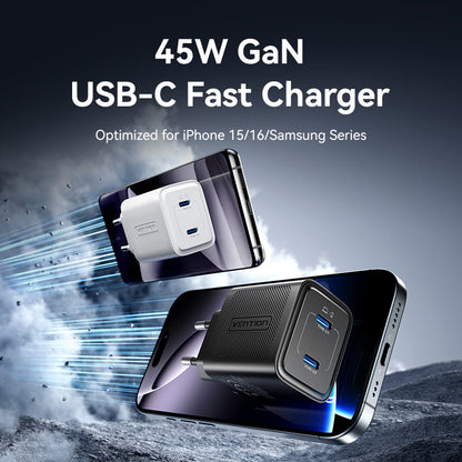 Vention 2-Port USB (C + C) GaN Charger (45W/45W) EU-Plug Black