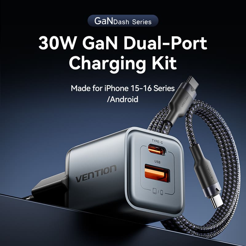 VENTION 2-PORT USB (C + A) Charger Gan (30W / 18W) Gray avec USB-C vers USB-C Cable (1M) Black Eu-Plug