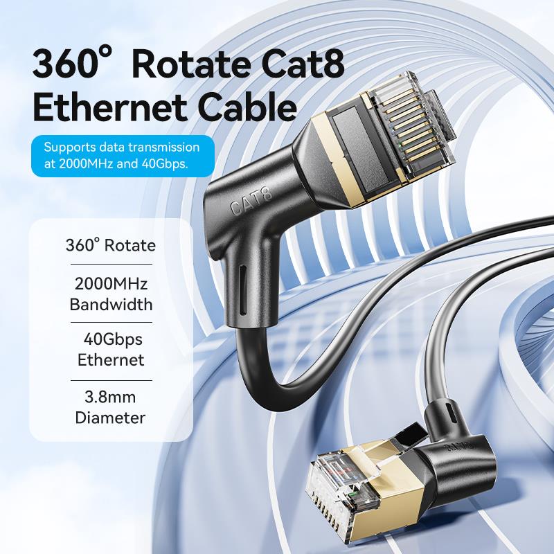Cat8 STP Rotate Right Angle Ethernet Patch Cable 0.5/1/1.5/2/3/5M Black Slim Type