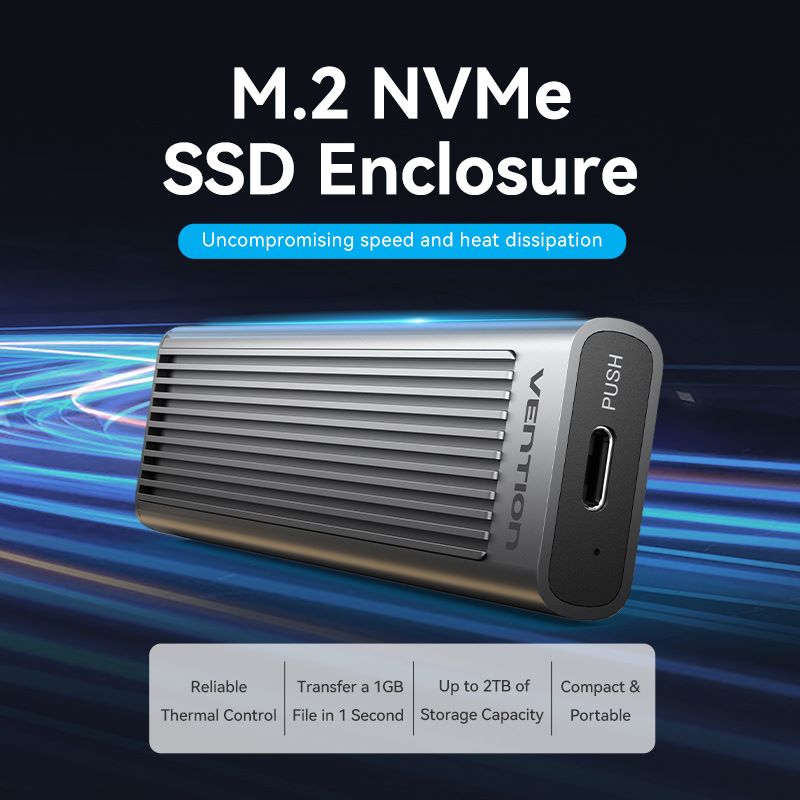 M.2 NVMe SSD Enclosure (USB 3.1 Gen 2-C) with Heat Sink Gray Aluminum Alloy Type