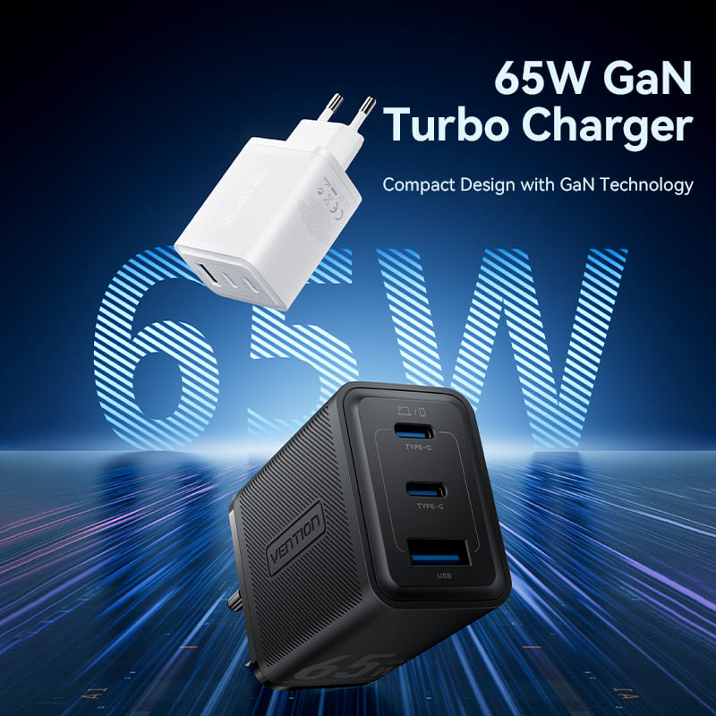 3-Port USB (C + C + A) GaN Charger (65W/65W/60W) EU-Plug Black/White