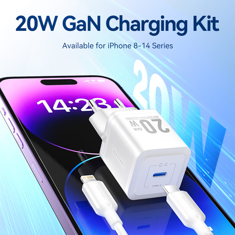 Vention 1-Port USB-C GaN Charger (20W) with USB-C to USB-C Cable