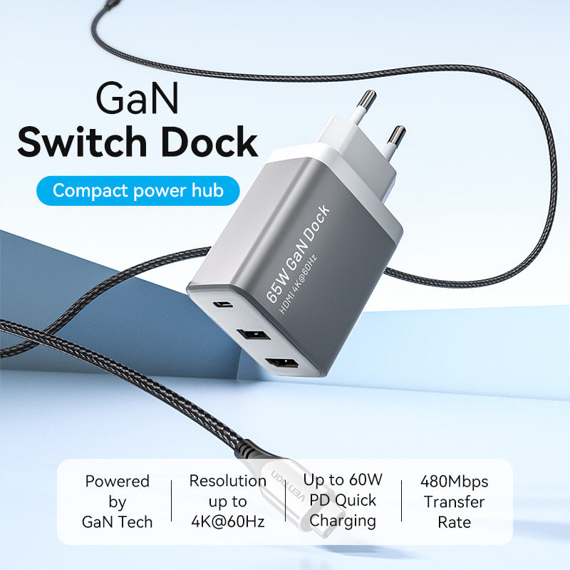 Vention 3-Port USB (C+A)+HDMI GaN Switch Dock (60W/5W/4K@60Hz) EU-Plug