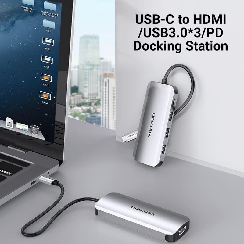 Multi-function Type-C to HDMI/USB3.0*3/PD Docking Station 0.15m Gray Metal Type