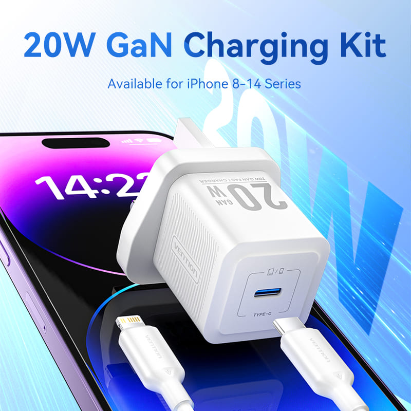 1-Port USB-C GaN Charger (20W) with USB-C to Lightning Cable (1M) UK-Plug