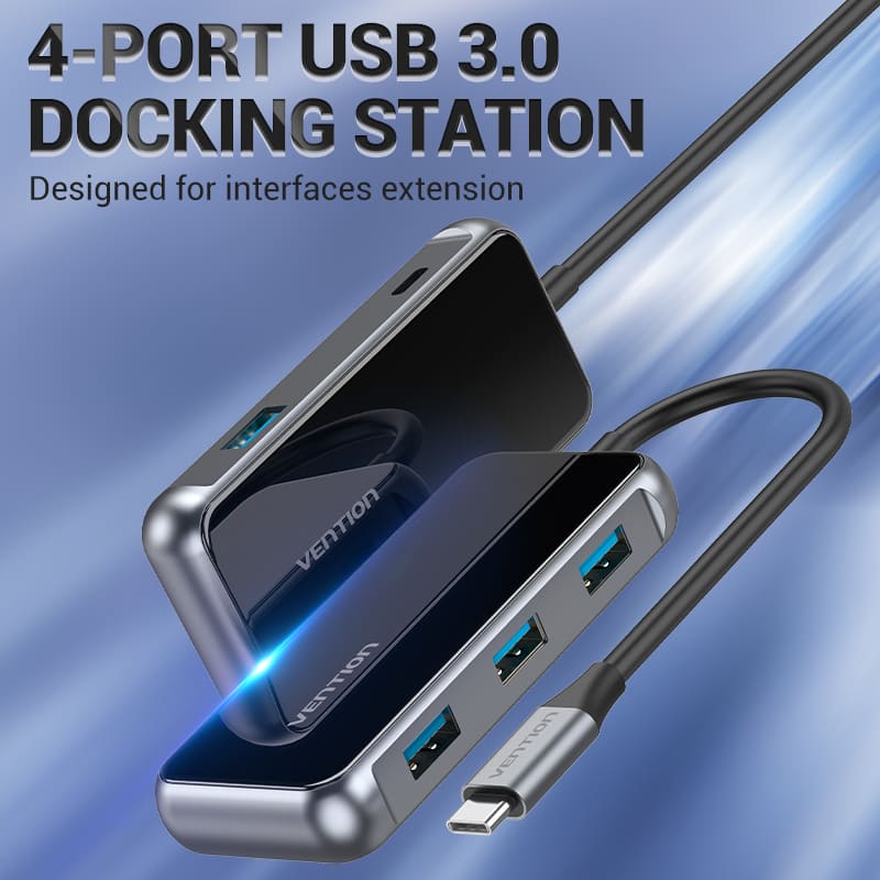 Multi-function USB-C to USB3.0*4/PD Docking Station 0.15M Gray Mirrored Surface Type