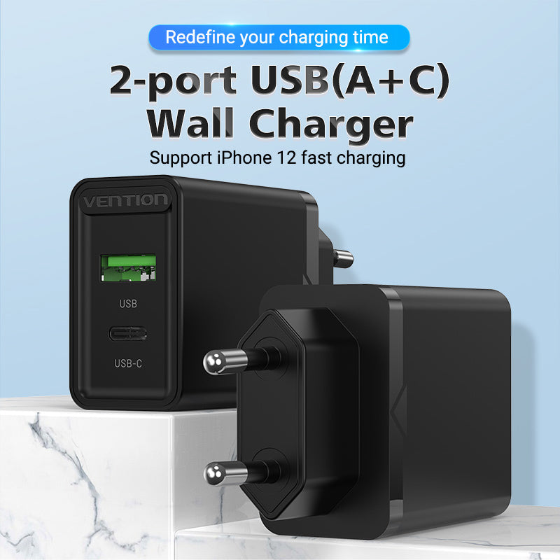 Cargador de pared USB (A+C) de dos puertos (18W/20W) Enchufe europeo Blanco