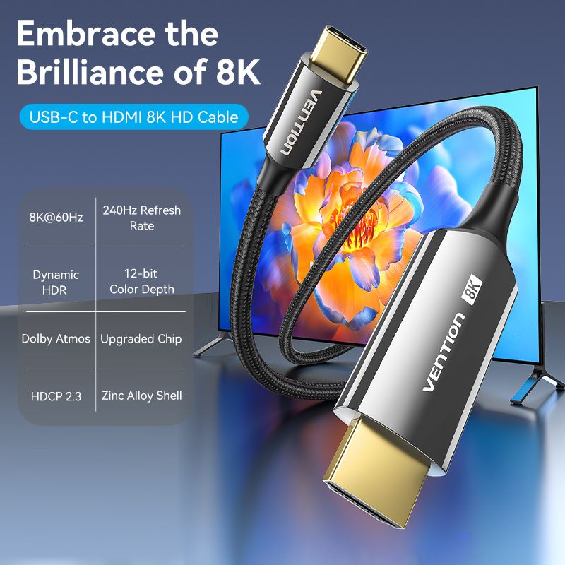Câble USB-C vers HDMI-A 8K HD en coton tressé de 1,8 m de type alliage de zinc noir