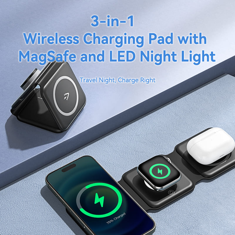 3-in-1 Wireless Charging Pad with MagSafe and LED Night Light