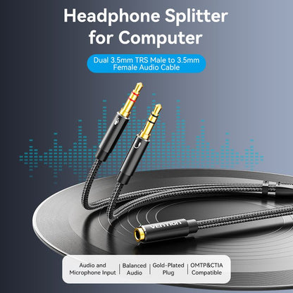 Vention Cotton Braided Dual 3.5mm TRS Male to 3.5mm Female Audio Cable 0.3M Black Aluminum Alloy Headphone Type (OMTP/CTIA)