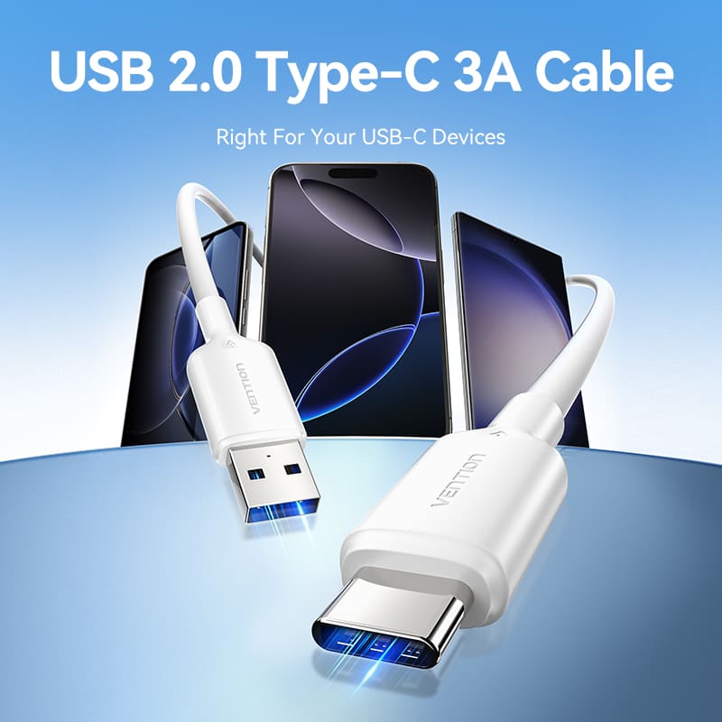 USB 2.0 A Male to C Male 3A Cable 1M White PVC Type