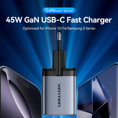 <tc>Vention</tc> Charger GaN USB (C + C) 2 Port (45W/45W) Steker EU Abu-abu