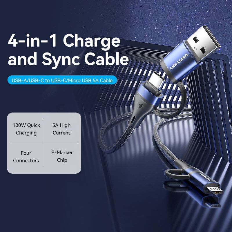 USB 2.0 tipo A macho trenzado de algodón 4 en 1 + USB-C macho a USB-C macho + Micro tipo B macho 5A Cable 1/1.5/2M Tipo de aleación de aluminio azul