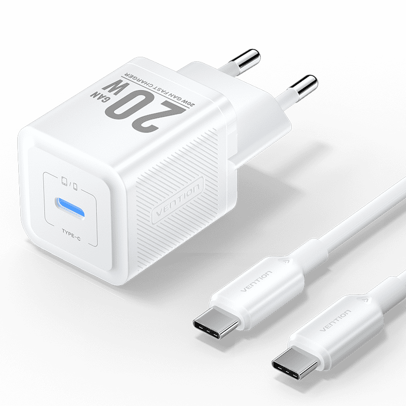 Vention 1-puerto USB-C Gan Charger 20W con USB-C a USB-C Cable 1M EU-PLUG