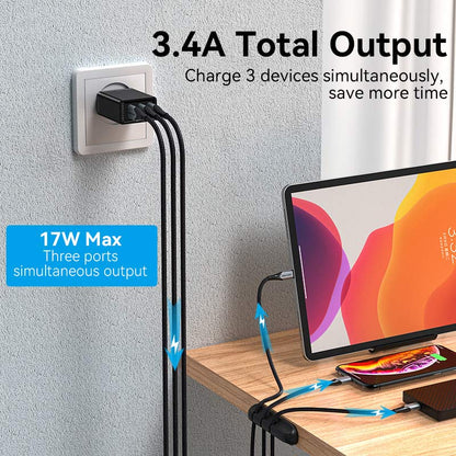 Vention 3-Port USB(A+A+A) Wall Charger(12W/12W/12W) EU-Plug