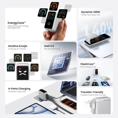 140W 4-Port GaN5.0 Charger with Smart Display