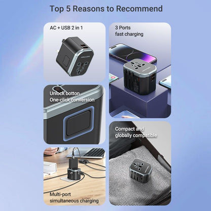 <tc>Vention</tc> 3端口USB（C+C+A）万能旅行适配器（20W/18W/18W）