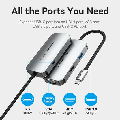 USB-C to HDMI/VGA/USB 3.0/PD Docking Station 0.15M Gray Aluminum Alloy Type