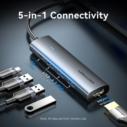 <tc>Vention</tc> USB-C 转 HDMI/USB 3.0*3/PD 扩展坞 0.15M 灰色铝合金型