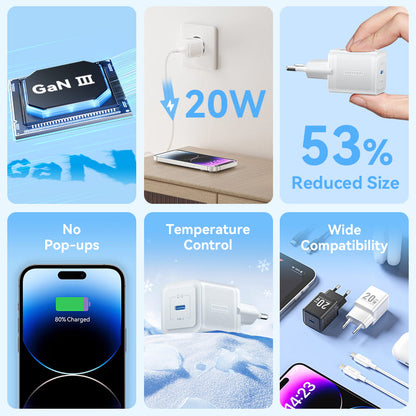 Vention 1-Port USB-C GaN Charger (20W) with USB-C to USB-C Cable