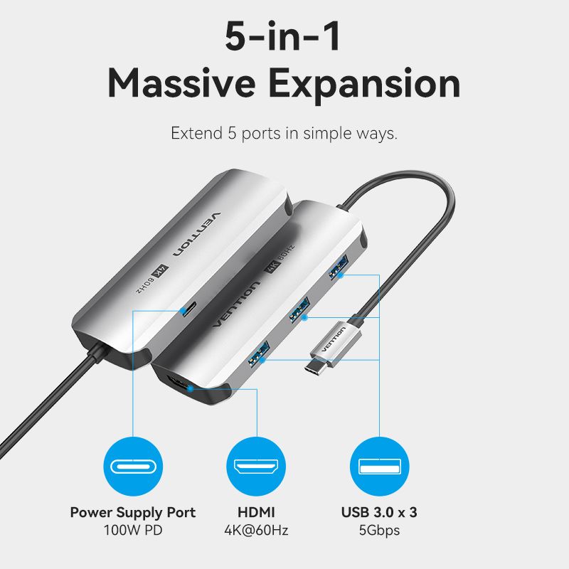 USB-C to HDMI/USB 3.0 x3/PD Docking Station 0.15M Gray Aluminum Alloy Type