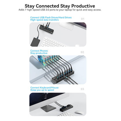 USB B 3.0 to USB 3.0 x7 Hub with Individual Power Switches and DC 5.5mm Power Adapter CN/UK/US/EU-Plug Black