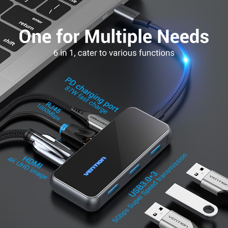 Multi-function USB-C to HDMI/ USB3.0*3/RJ45/PD Docking Station 0.15M Gray Mirrored Surface Type