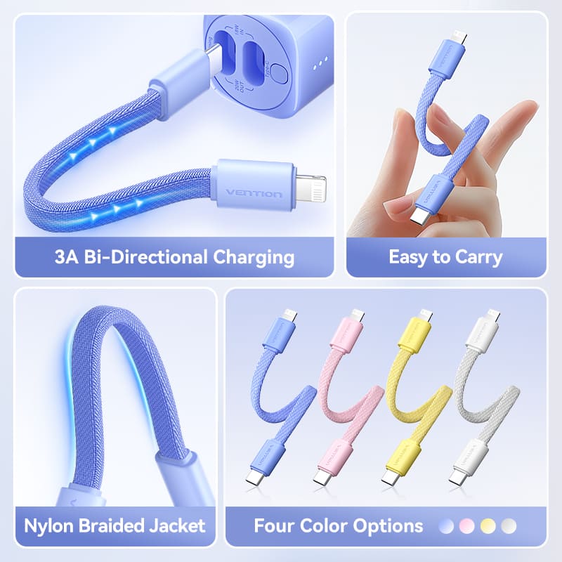 Bi-Directional Charging Cable 11CM for 5000mAh Power Bank (USB-C + Lightning) 20W  Light Indicator Display Type