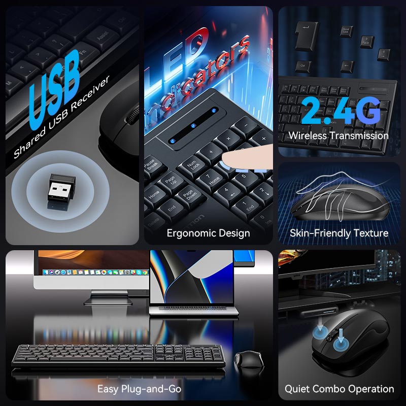 Vention Wireless Full-Sized Silent Keyboard and Mouse Combo Black Slim Type