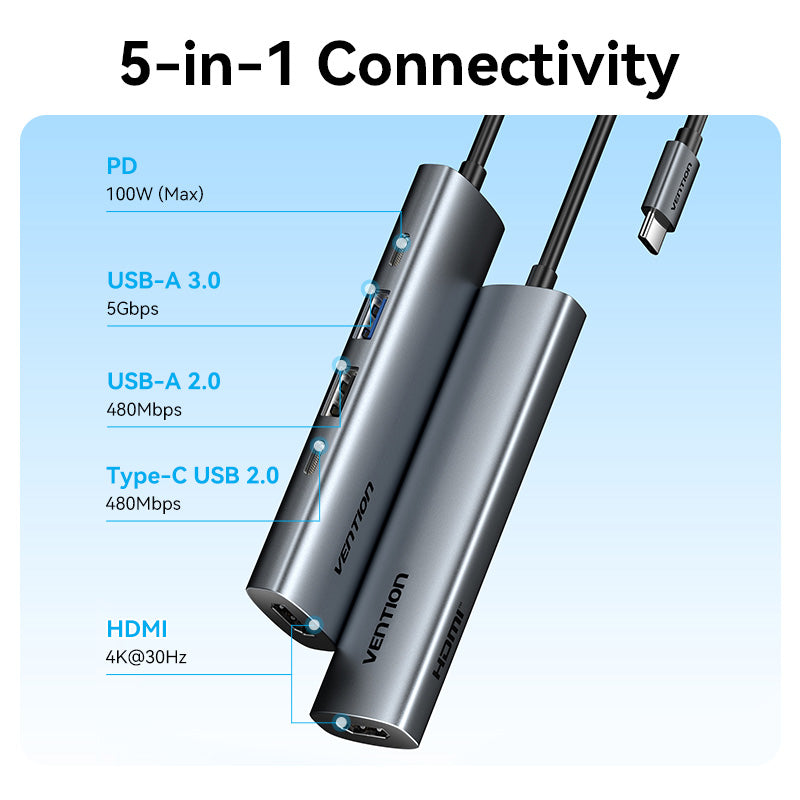 Vention USB-C to HDMI + USB 3.0 + USB 2.0 + USB 2.0 Type-C + PD Docking Station
