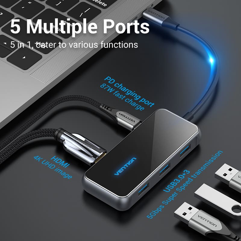 Multi-function USB-C to HDMI/ USB3.0*3/PD Docking Station 0.15M Gray Mirrored Surface Type