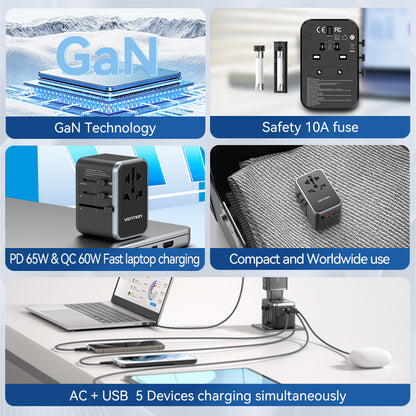 4-Port USB (C + C + A + A) GaN Universal Travel Adapter (65W/65W/60W/5W) Black