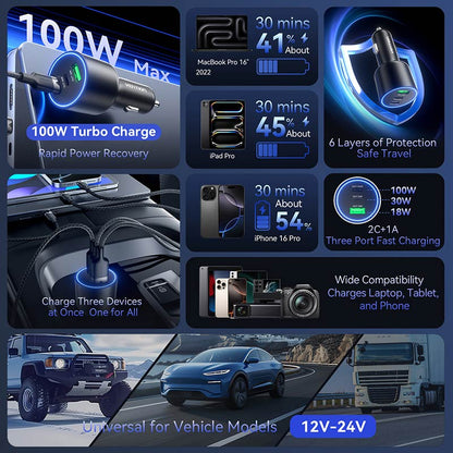 <tc>Vention</tc> Chargeur de voiture à trois ports USB C+C+A (100 W + 30 W + 18 W) en ABS noir