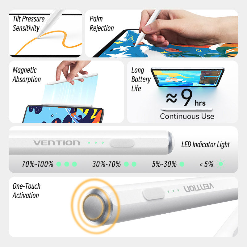 Vention Stylus Pen for iPad with Palm Rejection & Touch Switch White