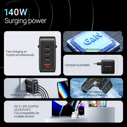 Vention 4 Portlu USB (C + C + C + A) GaN Şarj Kiti (140W/140W/30W/30W) AB Fişi