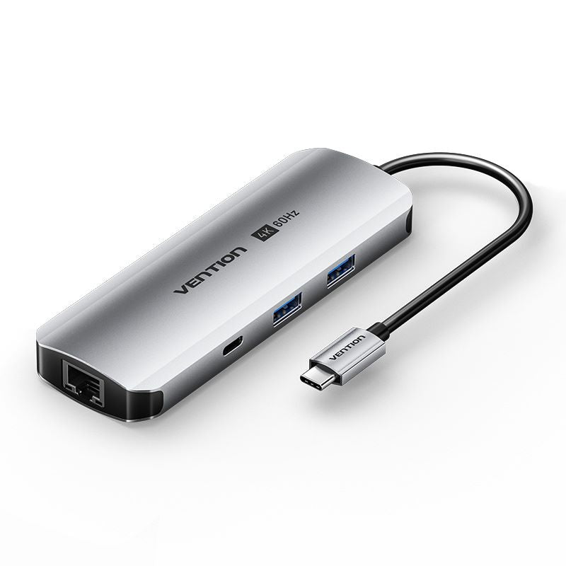 USB-C vers HDMI/USB-C Gen 1/USB 3.0 x 2/RJ45/SD/TF/TRRS 3,5 mm/PD Station d'accueil 0,15 M Type en alliage d'aluminium gris