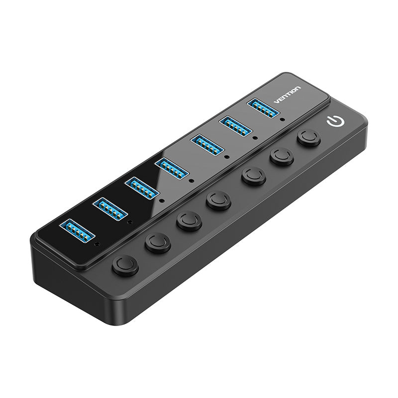 Hub USB B 3.0 vers USB 3.0 x7 avec interrupteurs d'alimentation individuels et adaptateur d'alimentation DC 5,5 mm Prise CN/UK/US/EU Noir
