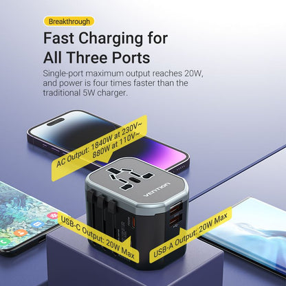 <tc>Vention</tc> 3端口USB（C+C+A）万能旅行适配器（20W/18W/18W）